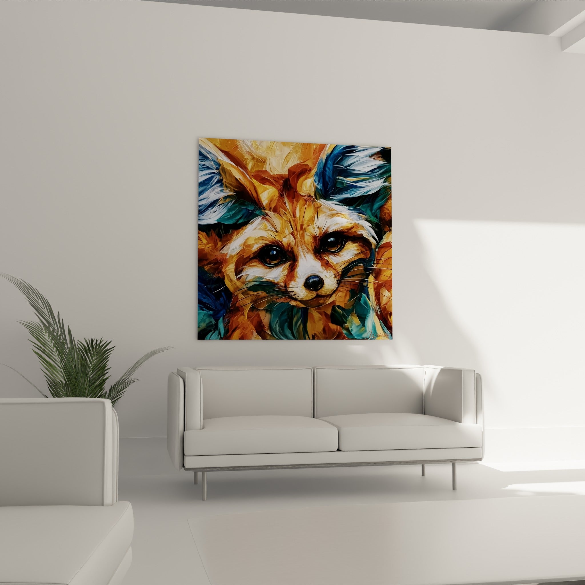 Yeux perçants du fennec aux tons ocre et bleu marine au-dessus d'un canapé dans un salon lumineux