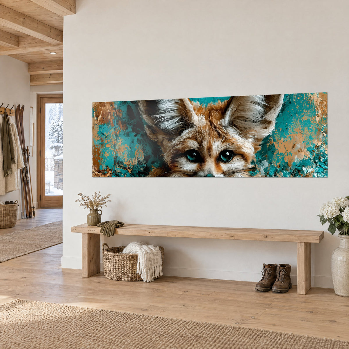 Quadro volpe del deserto dallo sguardo blu-verde, sfondo turchese macchiato di rame, su una parete bianca sopra una panca di legno in stile chalet
