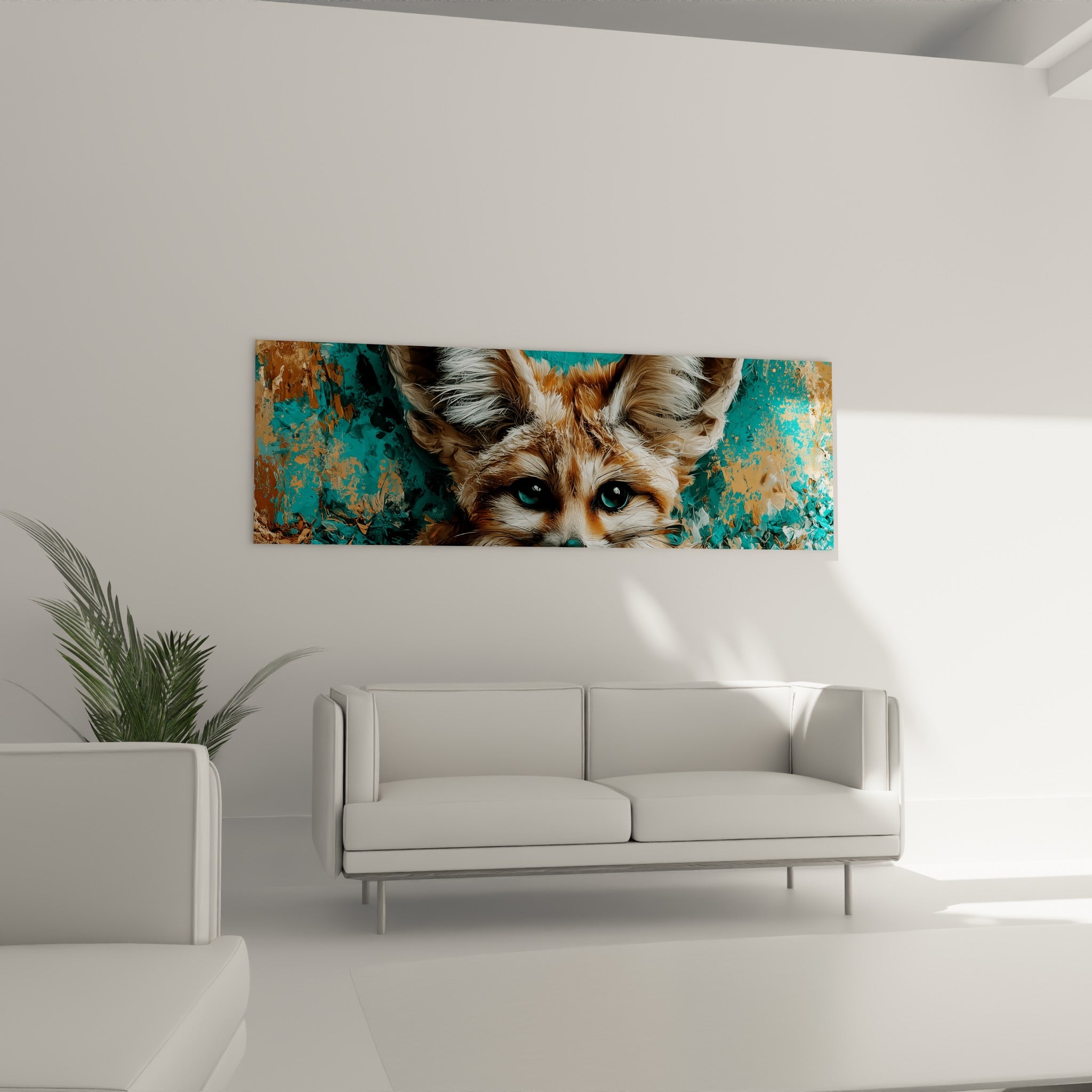 Yeux perçants du fennec cuivré et turquoise, disposés au-dessus d'un canapé dans un salon lumineux