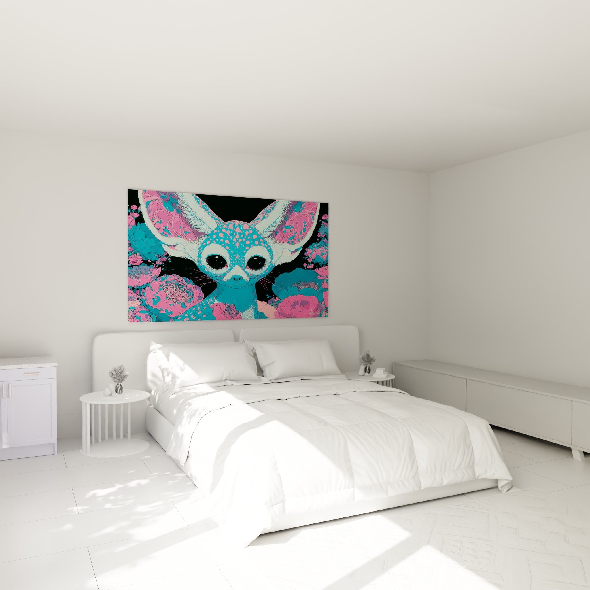 Grands yeux sombres du fennec turquoise et rose accrochés au-dessus d'un lit dans une chambre claire
