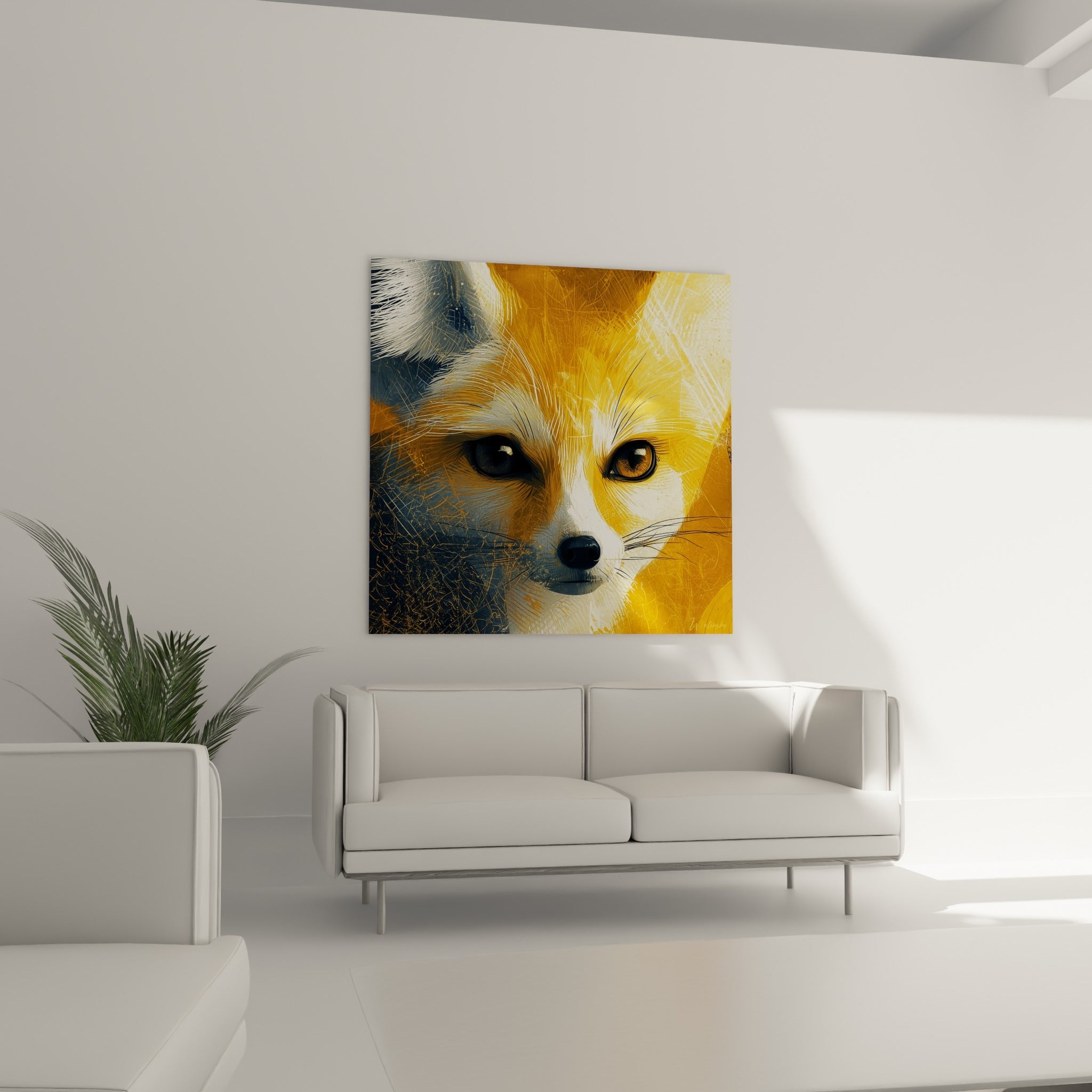 Regard perçant du fennec sur fond ocre et anthracite, au-dessus d'un canapé dans un salon lumineux
