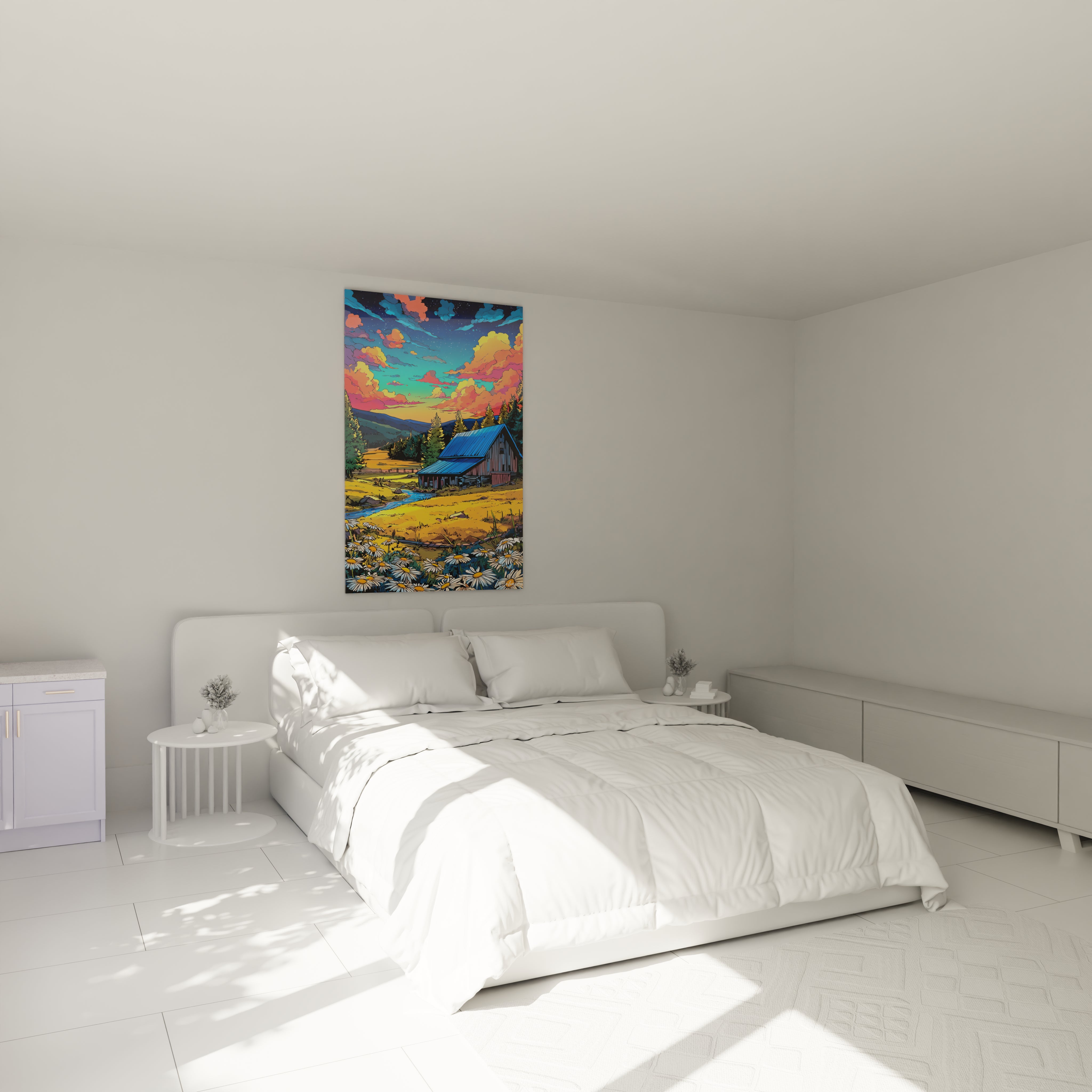 Ambiance chambre avec tableau ferme coucher de soleil bande dessiné, décoration murale paysage rural