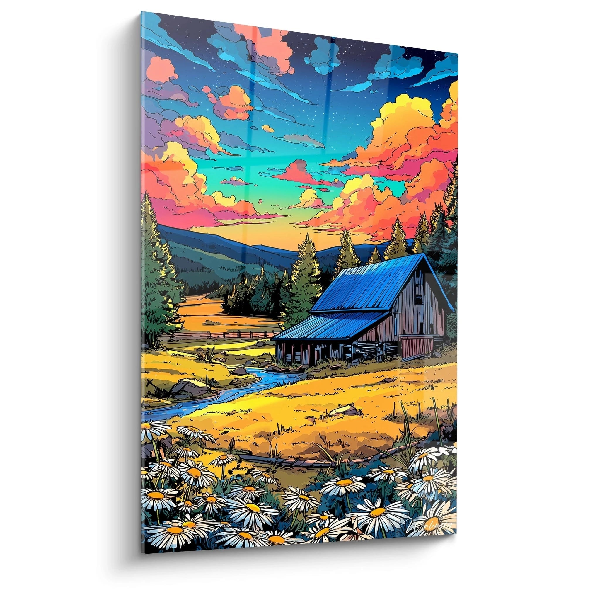 Tableau mural ferme rurale coucher de soleil style bande dessiné avec champ de marguerites et ciel coloré