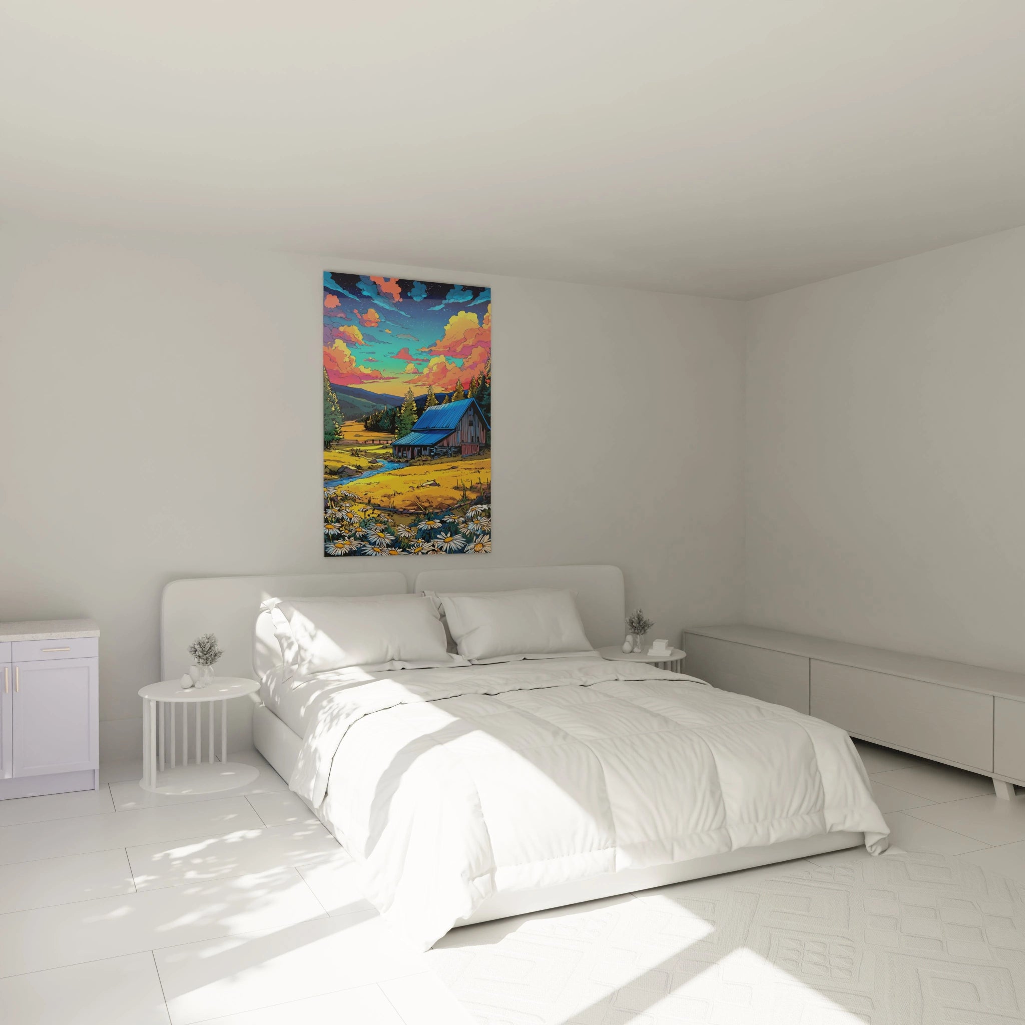 Ambiance chambre avec tableau ferme coucher de soleil bande dessiné, décoration murale paysage rural