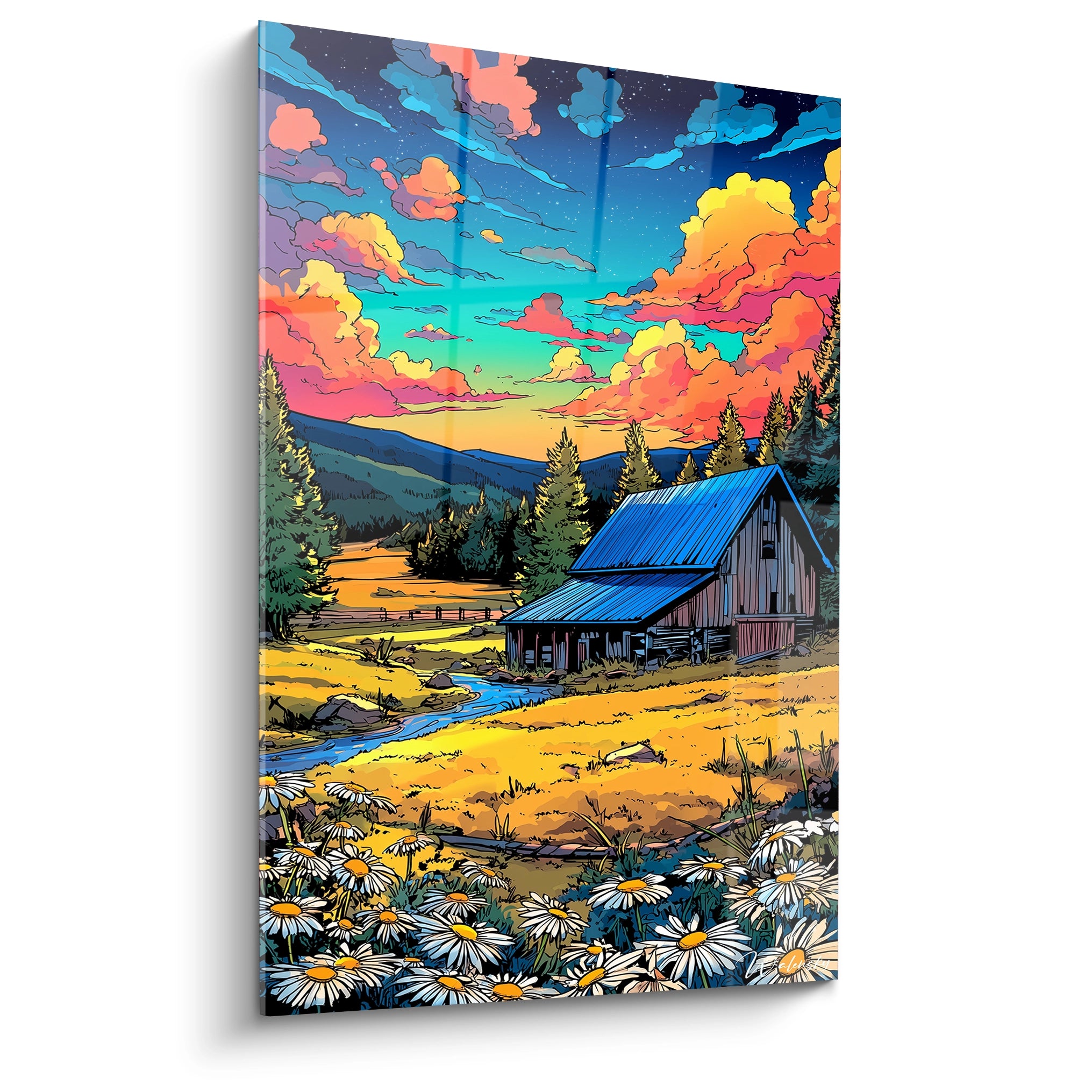 Tableau mural ferme rurale coucher de soleil style bande dessiné avec champ de marguerites et ciel coloré