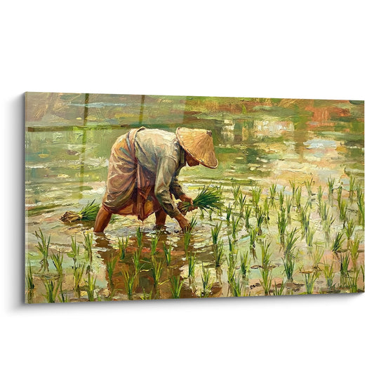 Tableau Fermier Rizicole dans les Tons Dorés et Verts - Tradition Agricole - Edition Bali
