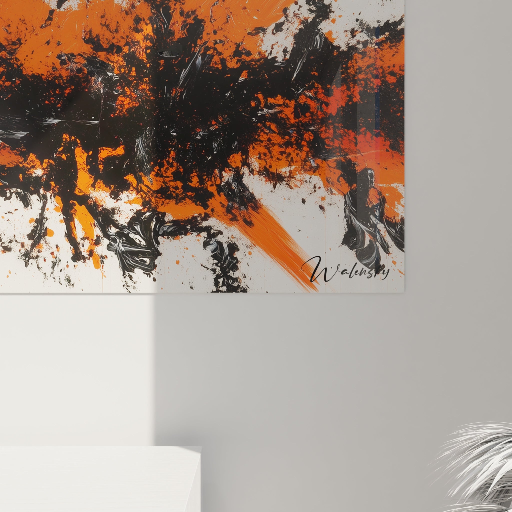 Tableau expressionniste abstrait de Walensky avec des éclats orange et noir sur fond clair
