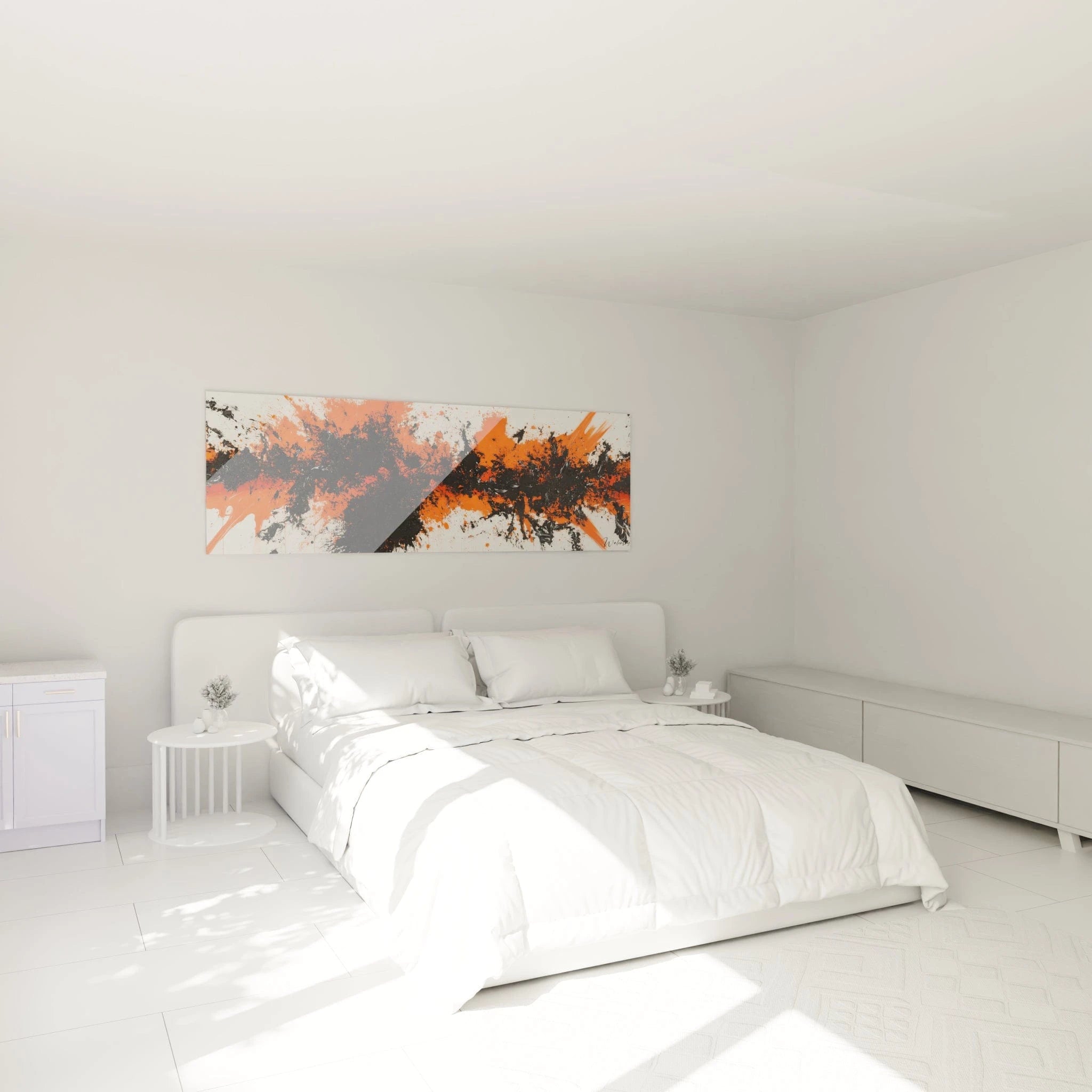 Tableau expressionniste abstrait Walensky aux couleurs orange et noire dans une chambre moderne