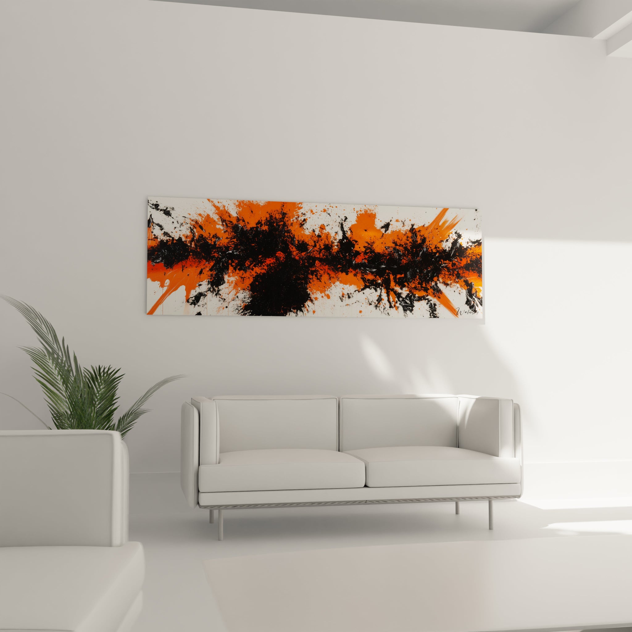Tableau expressionniste abstrait de Walensky avec des éclaboussures orange et noires sur toile blanche