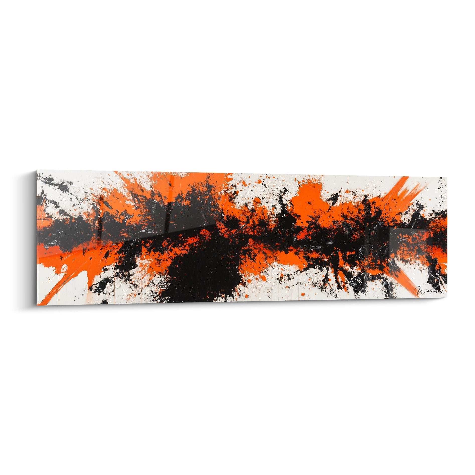Tableau expressionniste abstrait Walensky avec des éclaboussures orange et noir sur fond blanc
