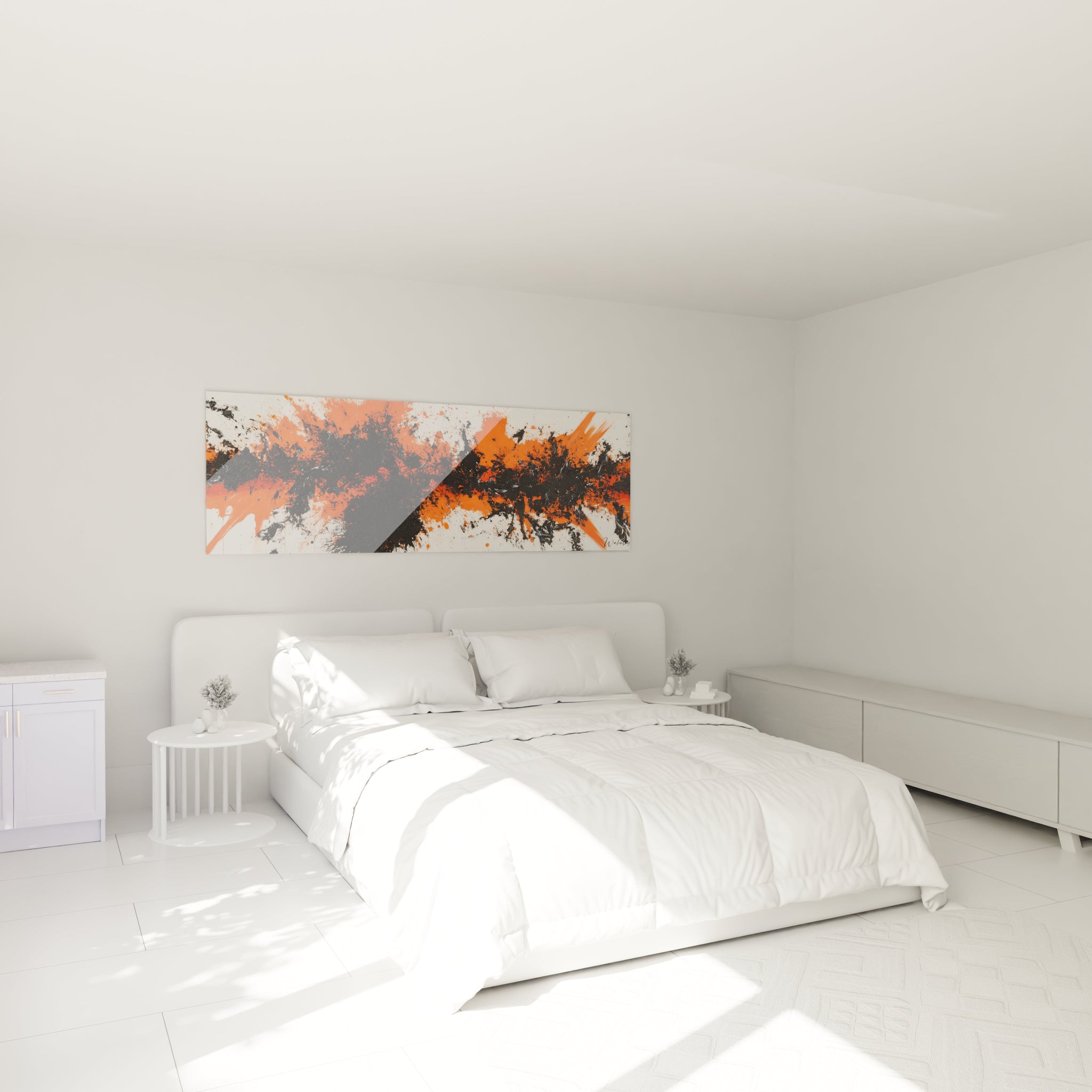 Tableau expressionniste abstrait Walensky aux couleurs orange et noire dans une chambre moderne