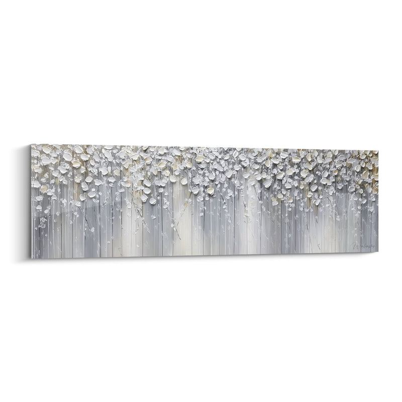 Tableau Feuillage Argenté Texturé sur Fond Gris Nuancé - Cascade Métallique - Edition Feng shui Ouest Métal