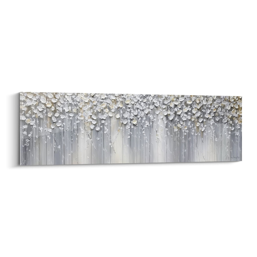 Tableau Feuillage Argenté Texturé sur Fond Gris Nuancé - Cascade Métallique - Edition Feng shui Ouest Métal
