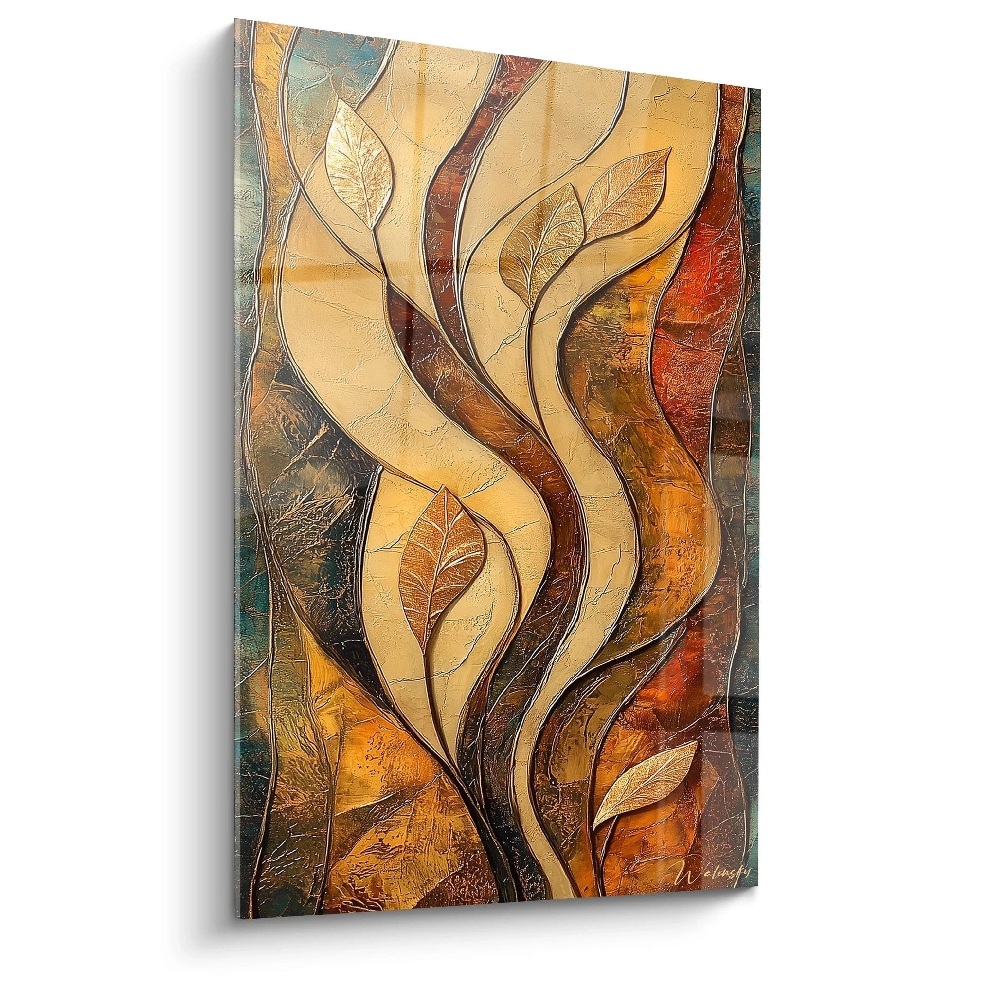 Tableau africain mural Walensky aux motifs de feuilles en tons chauds marron beige et orange