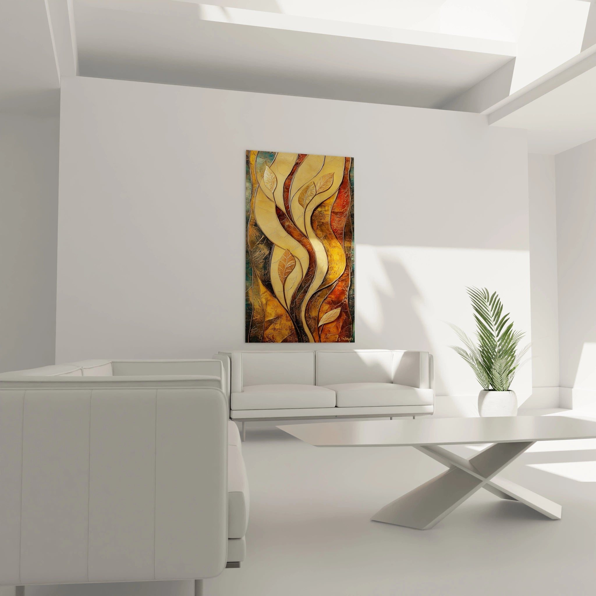 Tableau africain mural Walensky aux tons chauds abstraits dans un salon moderne blanc