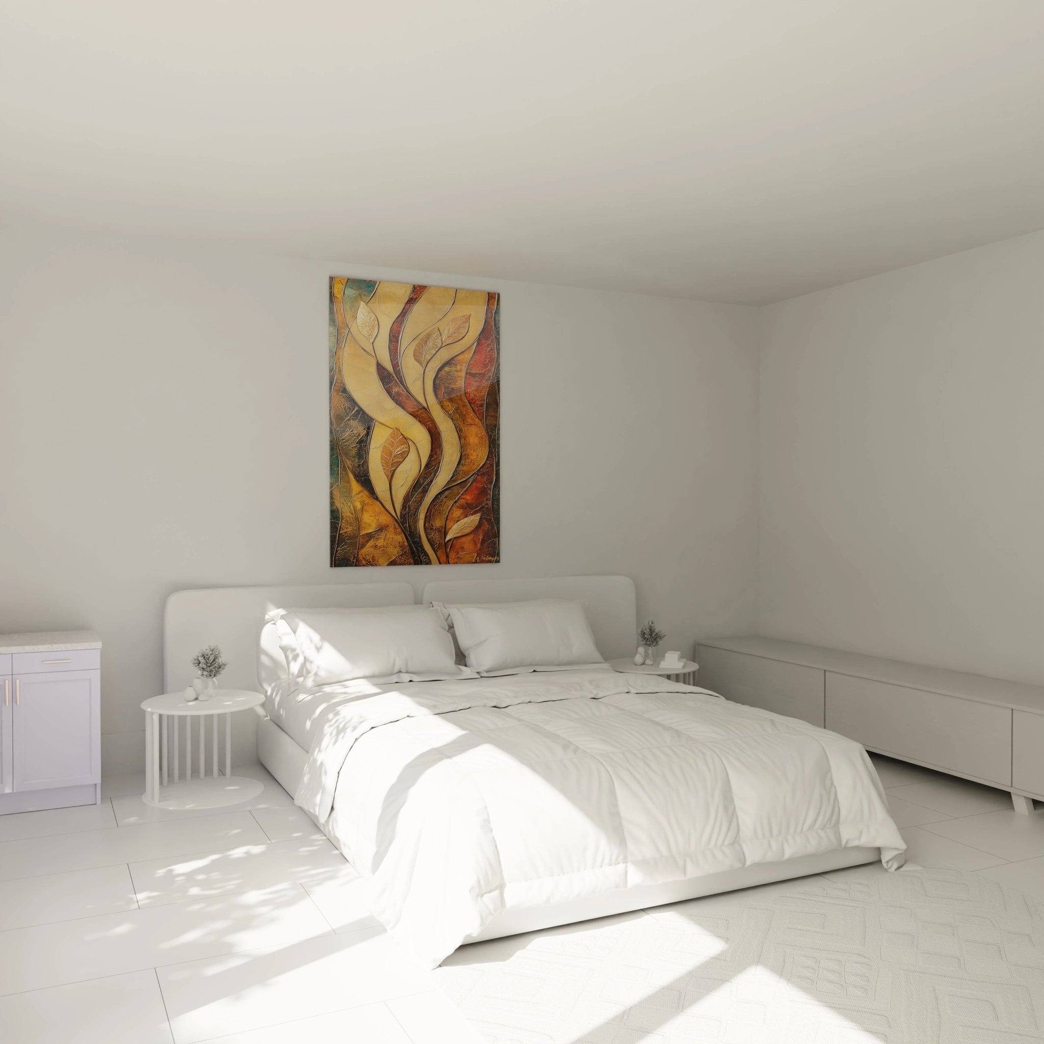 Tableau africain mural Walensky avec motifs abstraits colorés accroché au-dessus d'un lit moderne blanc