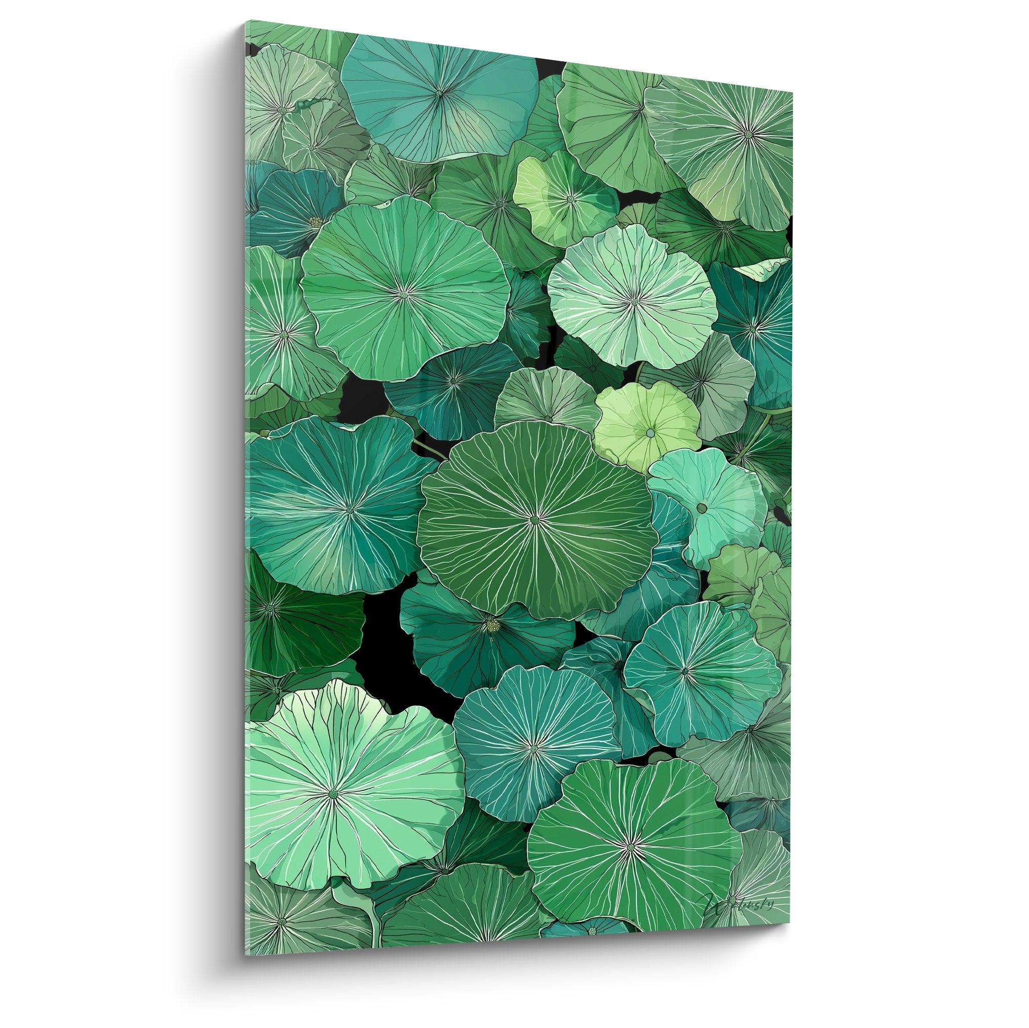 Tableau feuillage aquatique tons verts turquoise nenuphar composition vegetale apaisante decoration murale