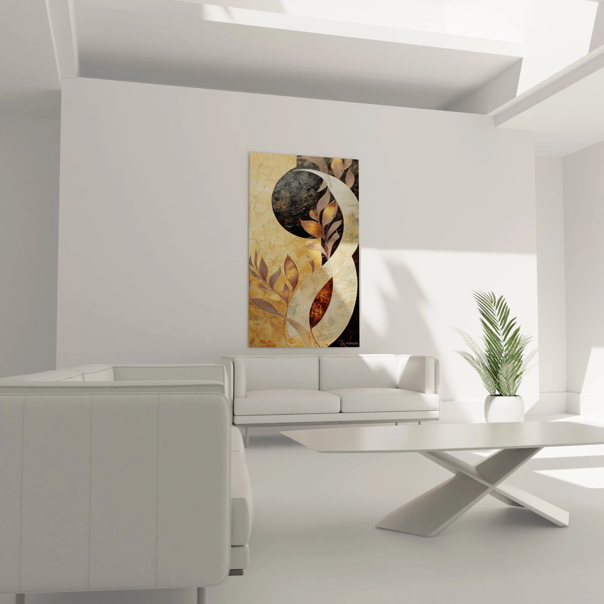 Tableau africain mural Walensky décoration moderne avec motifs abstraits et couleurs terre dans un salon lumineux