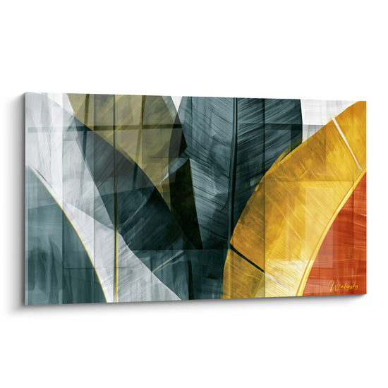 Feuille de bananier stylisée anthracite et dorée aux formes graphiques sur toile murale