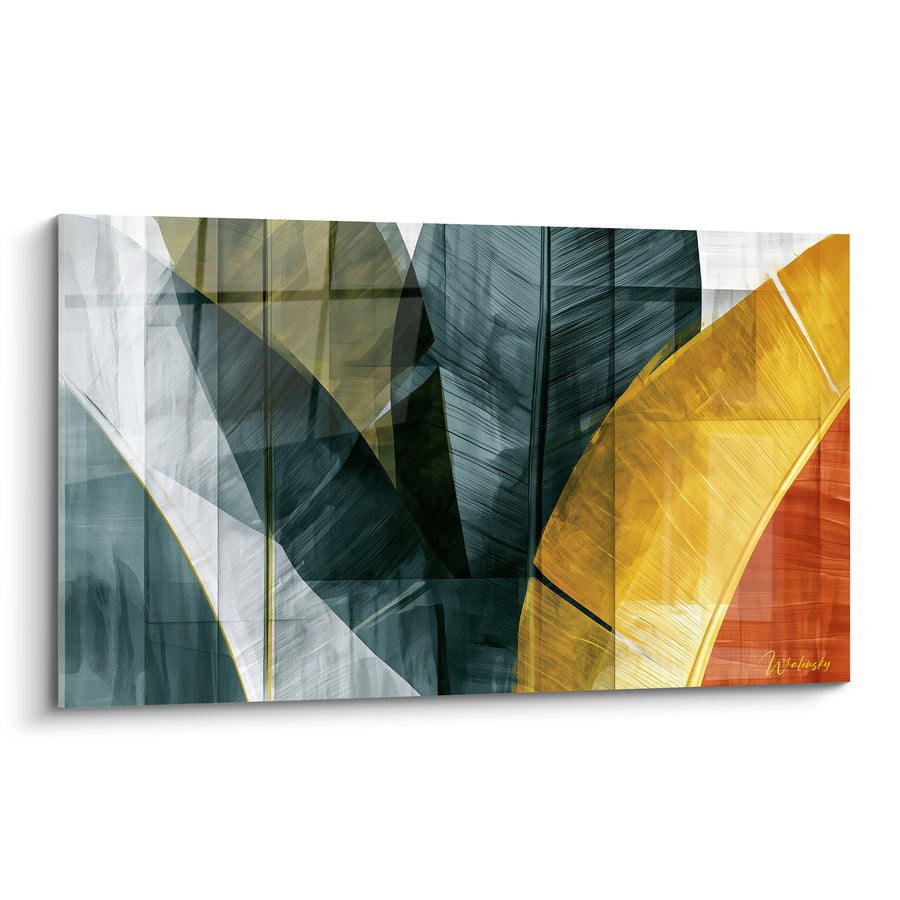Tableau Feuille bleu ardoise et jaune moutarde superposée - Nervures entrecroisées lumineuses - Edition Feuille de bananier