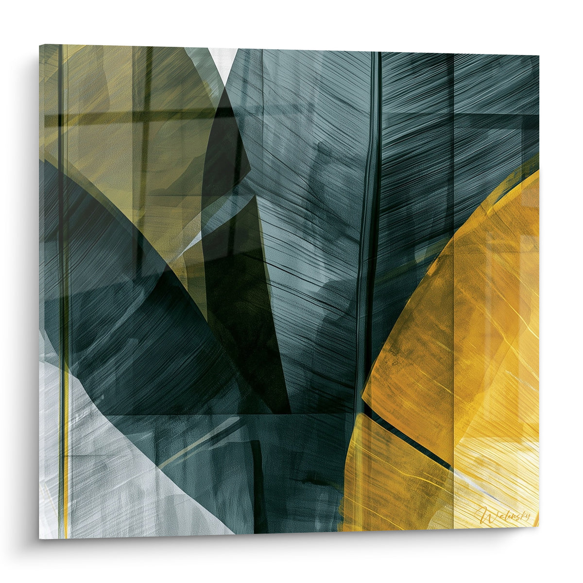 Feuilles de bananier anthracite et ocre superposées en composition graphique tropicale