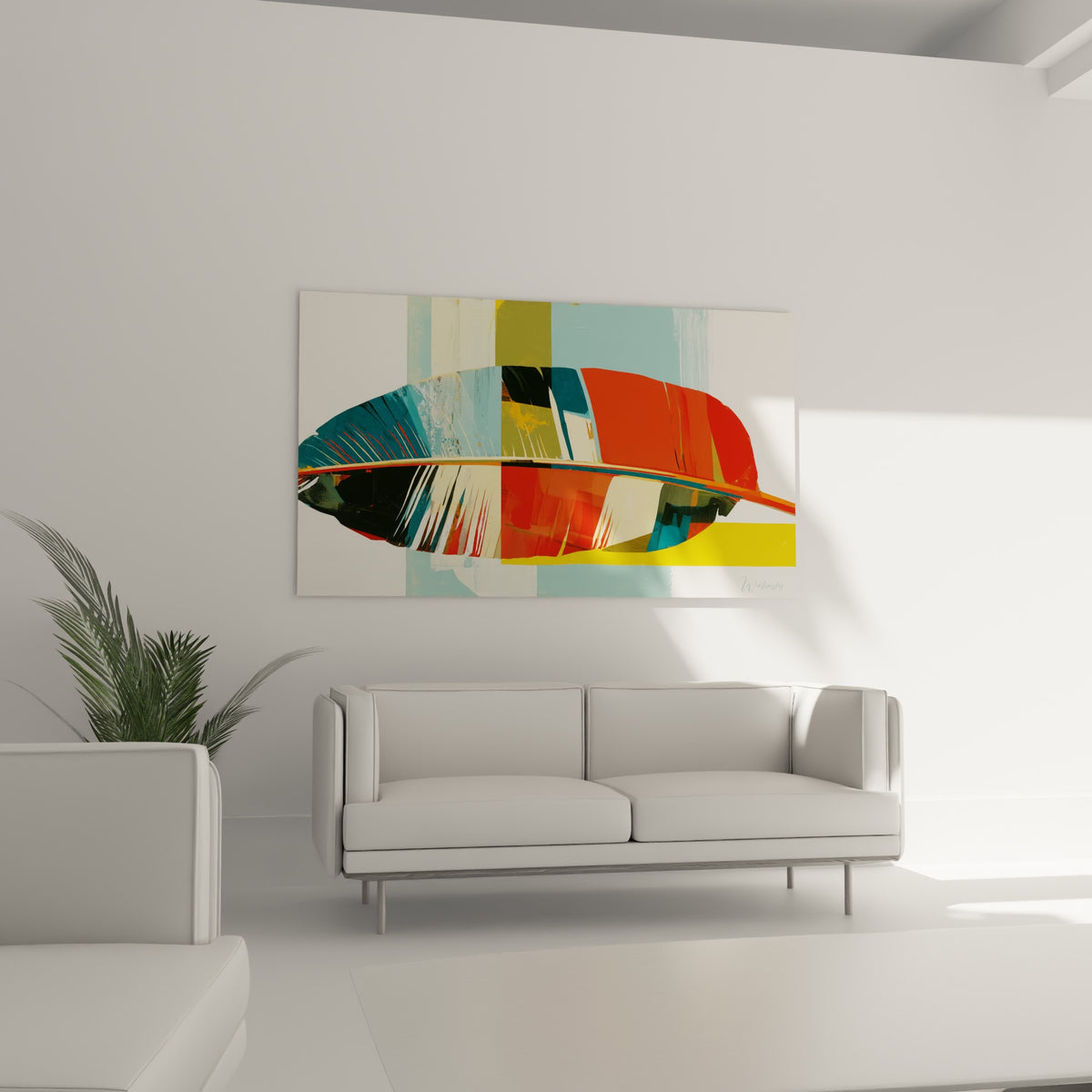 Composition graphique d'une feuille de bananier orange brûlé et anthracite disposée au-dessus d'un canapé dans un salon lumineux