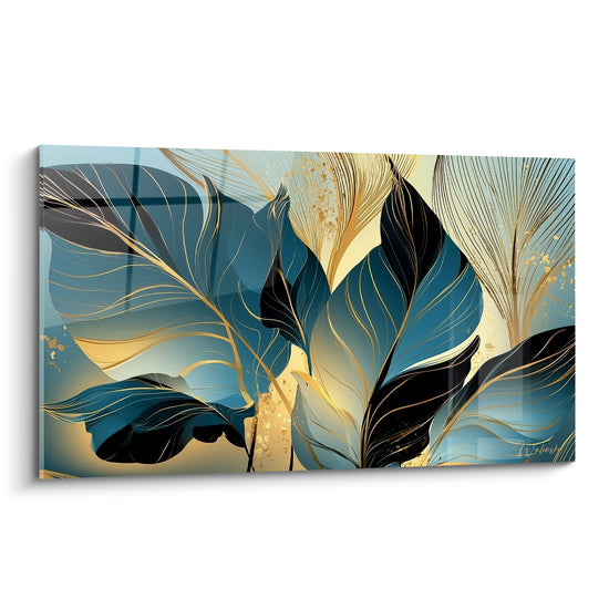 Tableau Feuilles bleu pétrole et noires aux nervures filantes - Éclaboussures dorées diffuses - Edition Feuille de bananier
