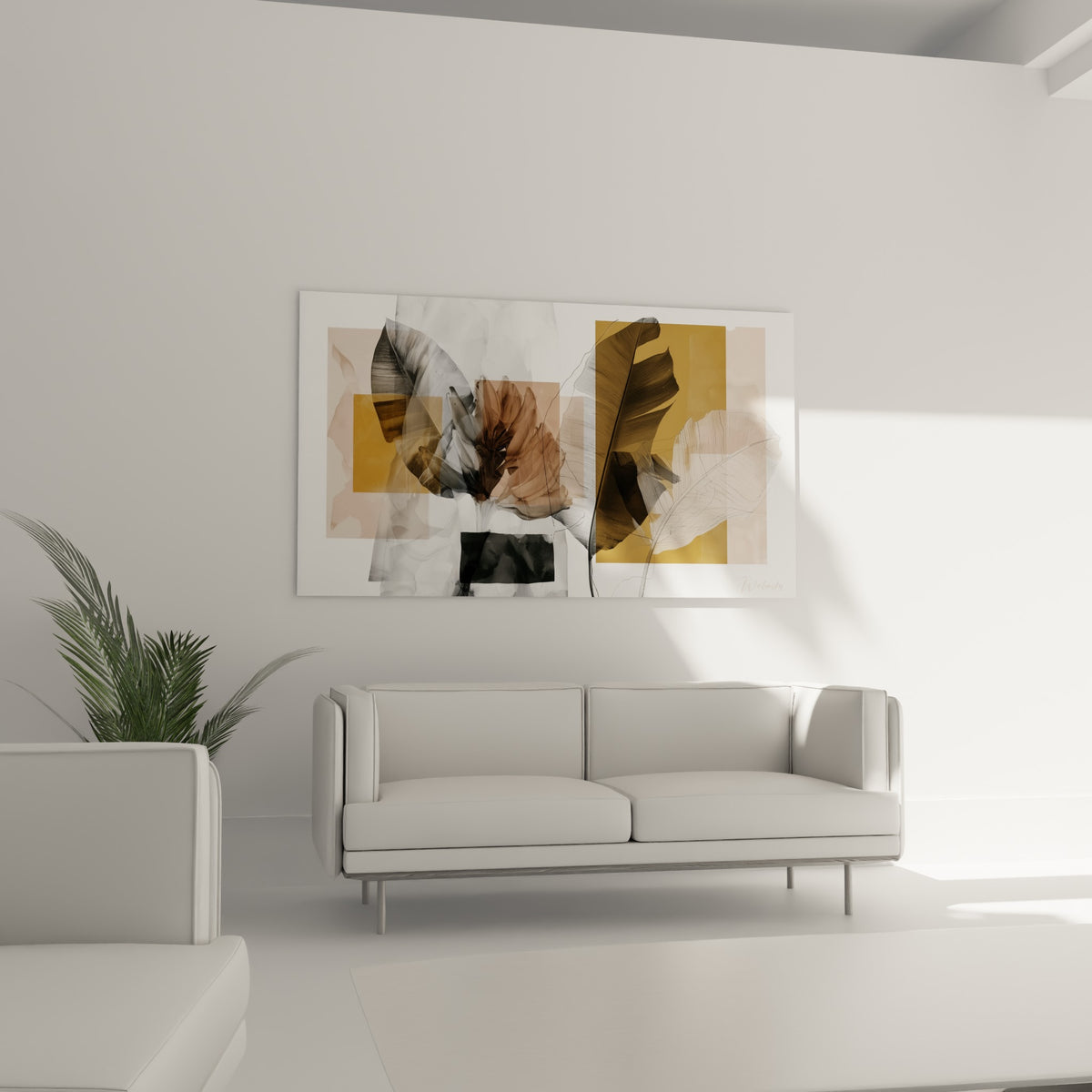 Végétation graphique en camaïeu anthracite et beige, feuilles tracées finement au-dessus d'un canapé dans un salon lumineux
