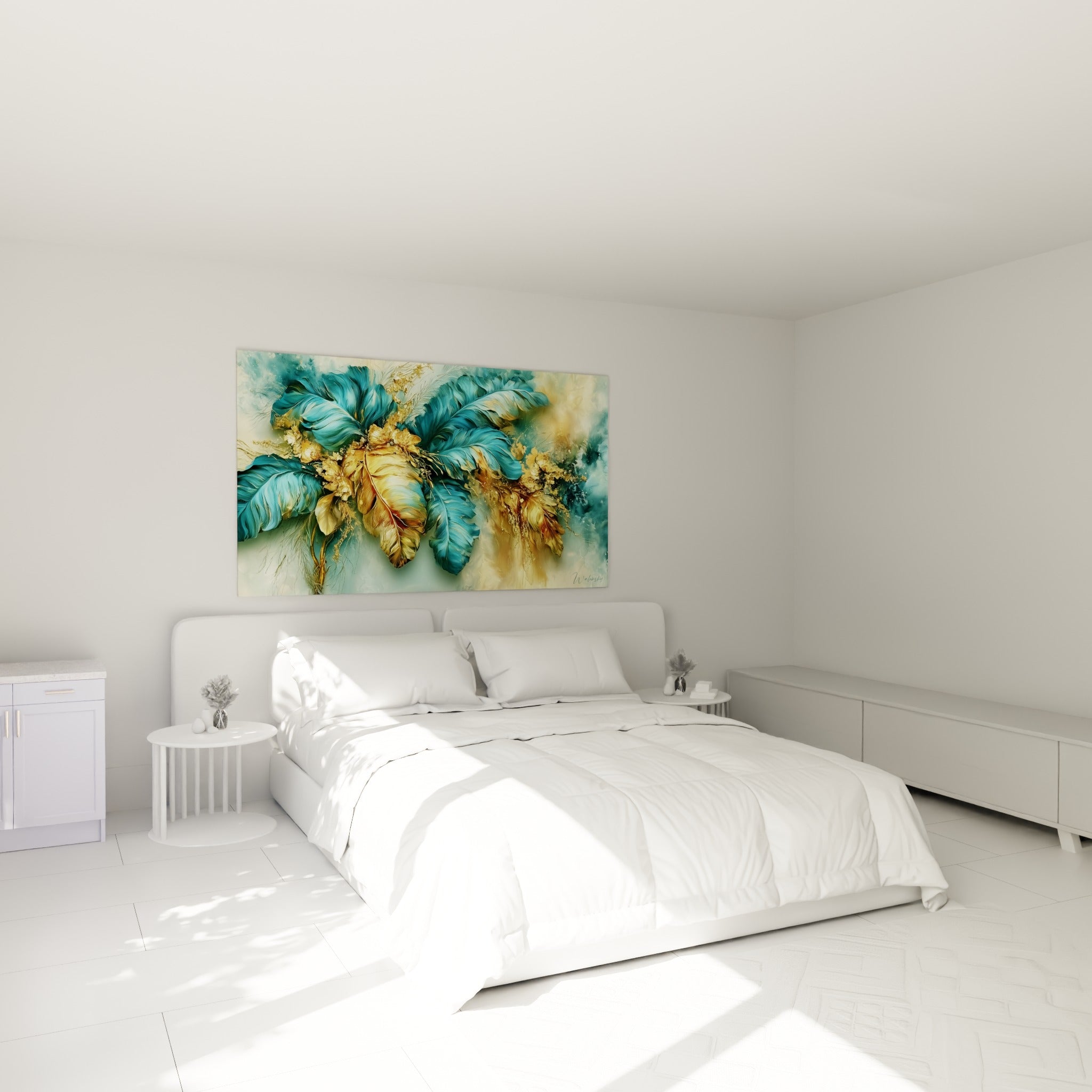 Feuilles dorées et bleu turquoise ornent la toile suspendue au-dessus d'un lit dans une chambre claire