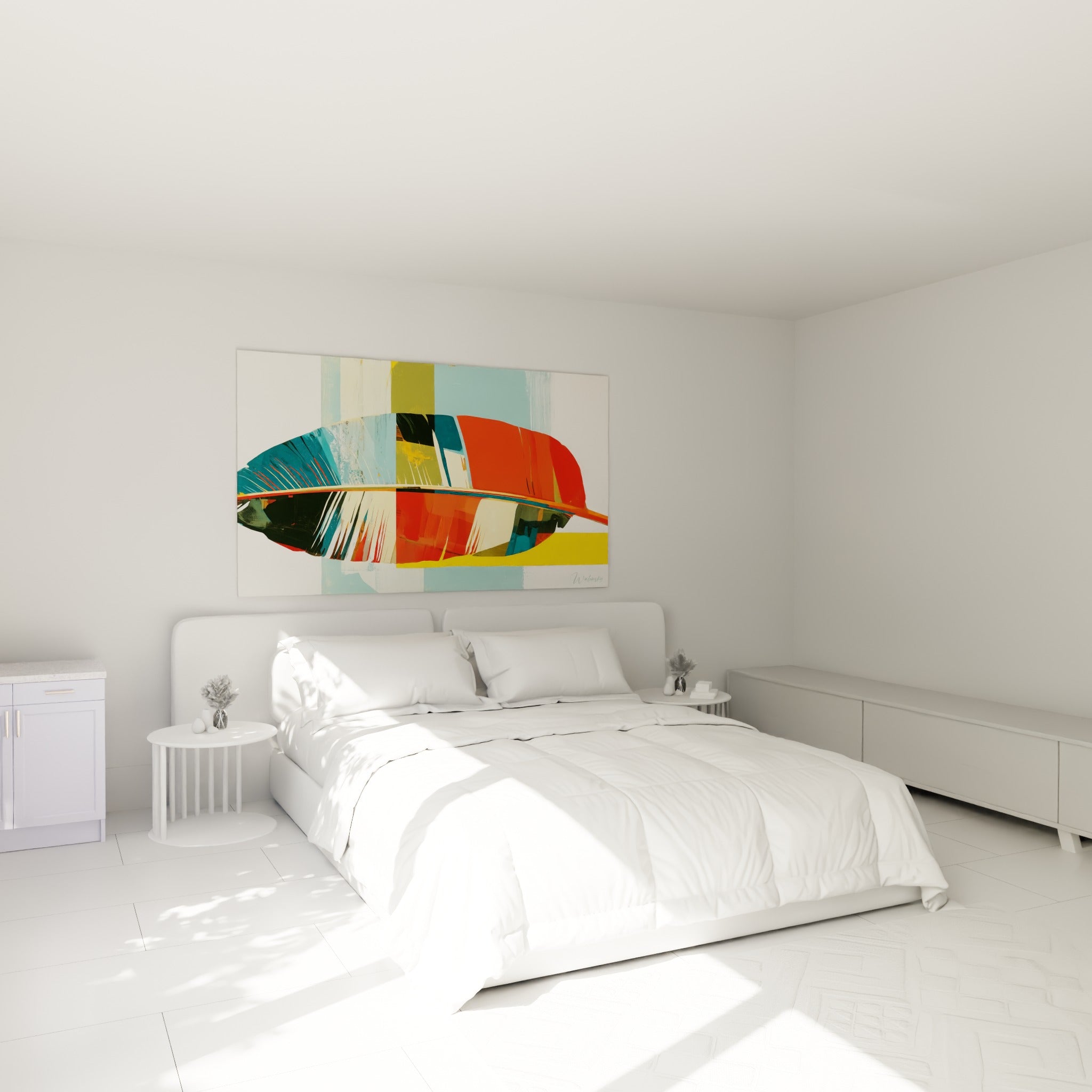 Grande feuille tropicale aux teintes corail et bleu canard accrochée au-dessus d'un lit dans une chambre claire