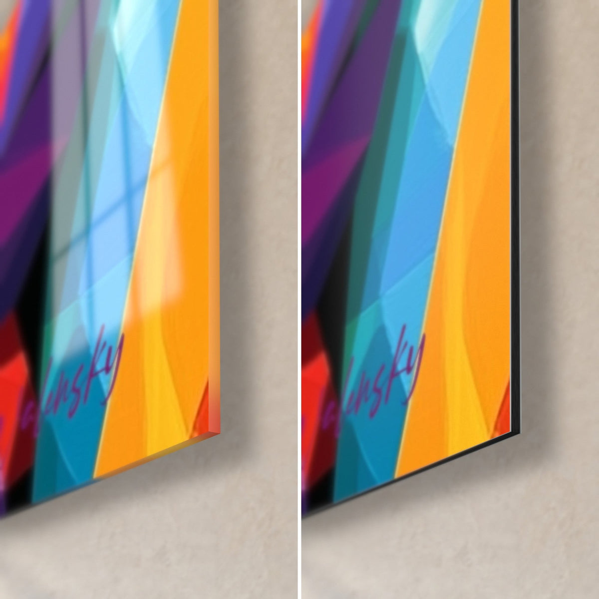 Schilderij geometrische palmbladeren, rechteronderhoek: glanzend glas links, mat Dibond rechts, turquoise blauw en fel oranje
