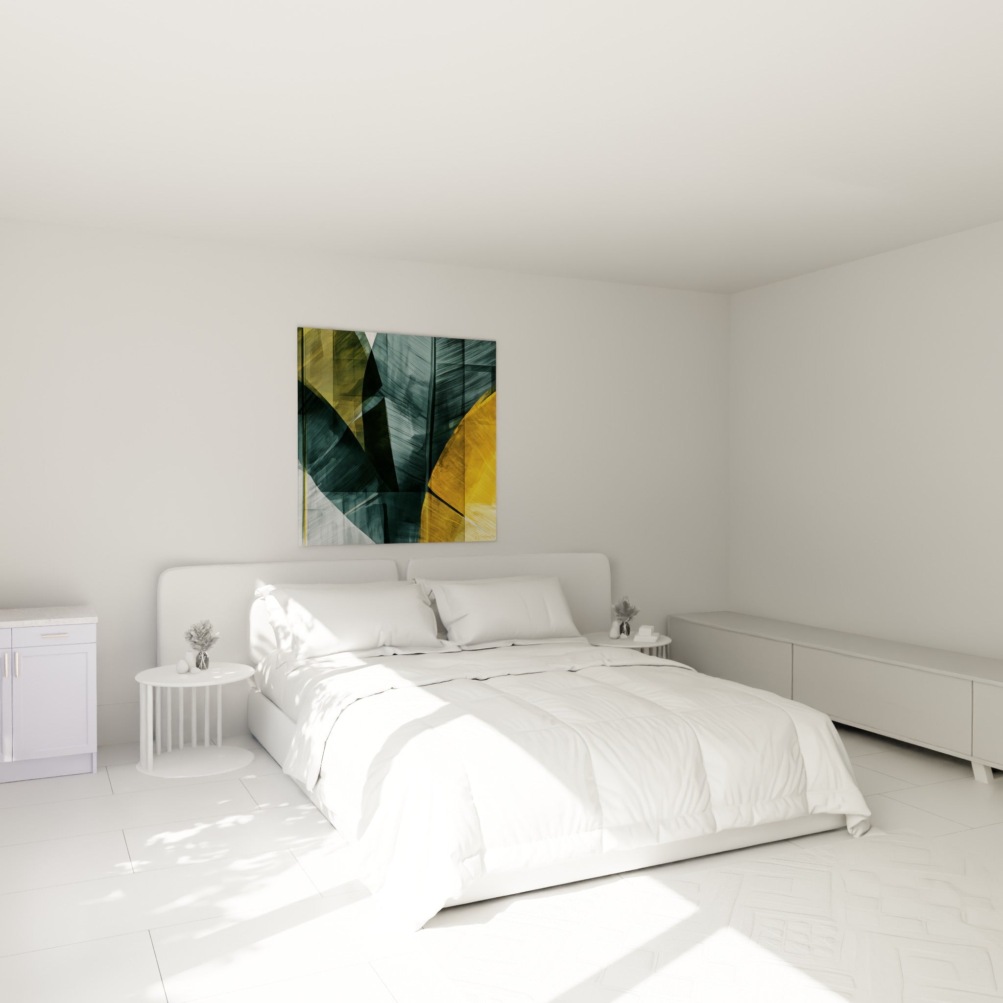 Feuillage tropical anthracite et doré accroché au-dessus d'un lit dans une chambre claire