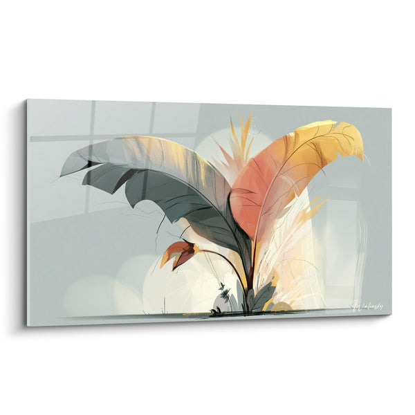 Tableau Feuille grise et corail aux nervures esquissées - Silhouette végétale délicate - Edition Feuille de bananier