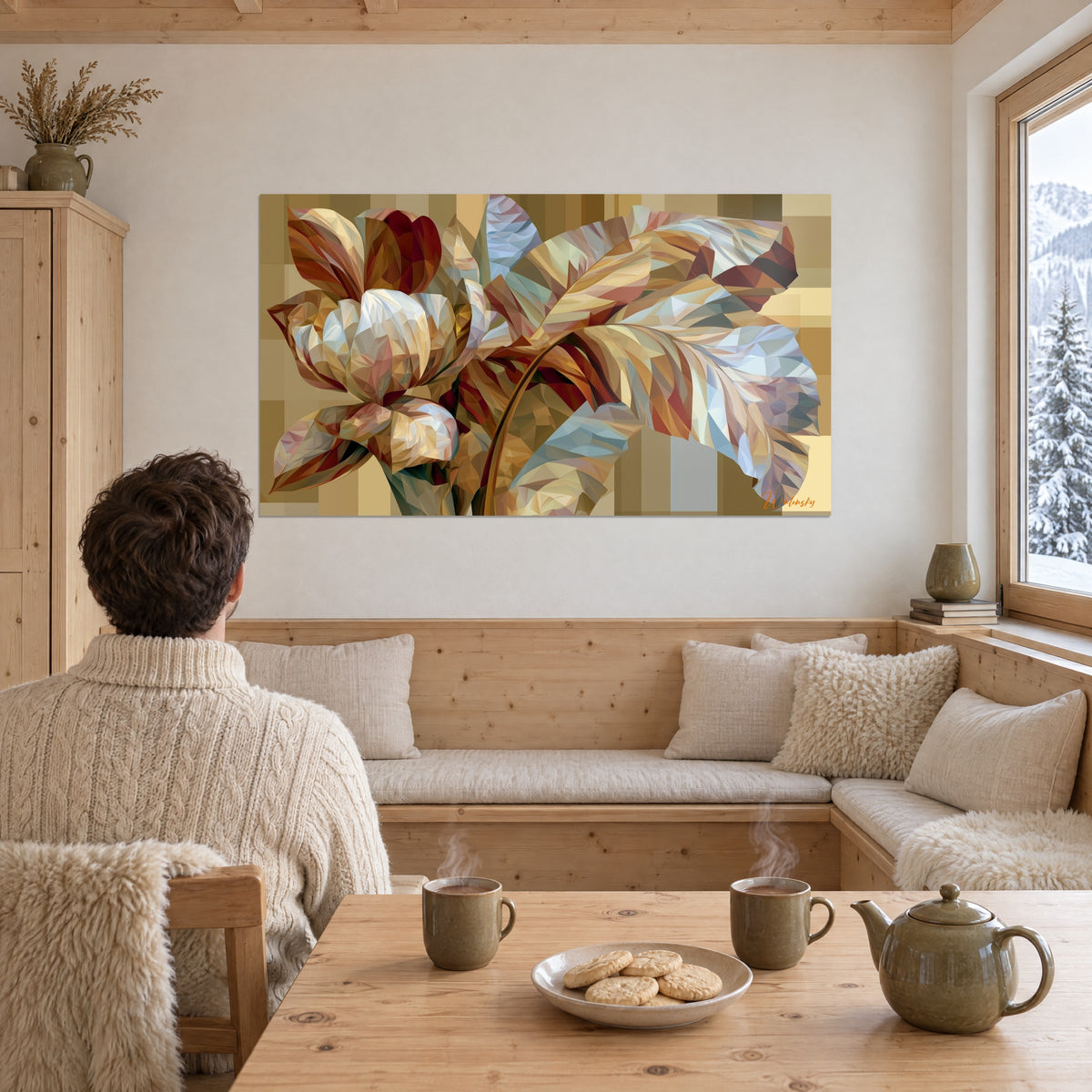 Tableau pivoine en mosaïque triangulaire cuivre et crème, nervures bleu pâle, face au coin salon d'un chalet de montagne