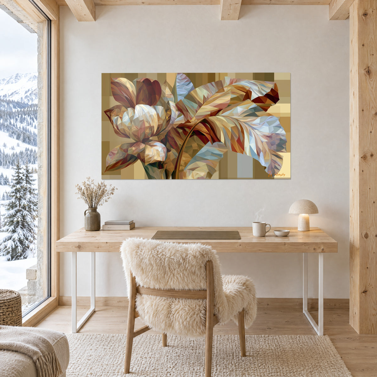 Tableau éclosion polygonale beige et bordeaux, grandes palmes bleu argenté, au-dessus d'un bureau en bois dans un chalet