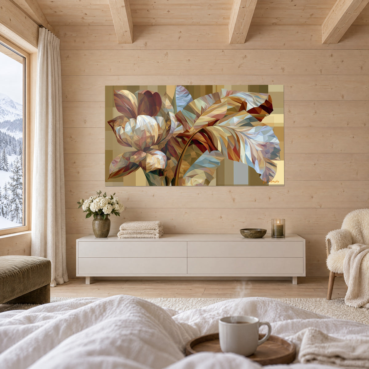 Tableau bouton floral géométrique brun et ivoire, feuilles bleutées en éventail, au-dessus d'un lit dans une chambre claire