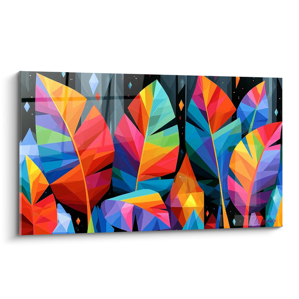 Tableau Feuilles multicolores et noires aux facettes cristallines - Losanges scintillants nocturnes - Edition Feuille de bananier