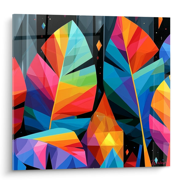 Tableau Feuilles géométriques bleu turquoise et orange vif - Éclat tropical nocturne - Edition Feuille de bananier