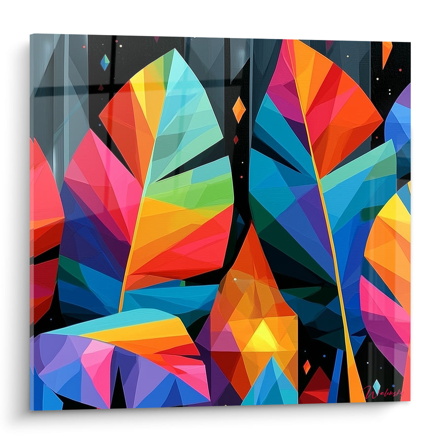 Tableau Feuilles géométriques bleu turquoise et orange vif - Éclat tropical nocturne - Edition Feuille de bananier