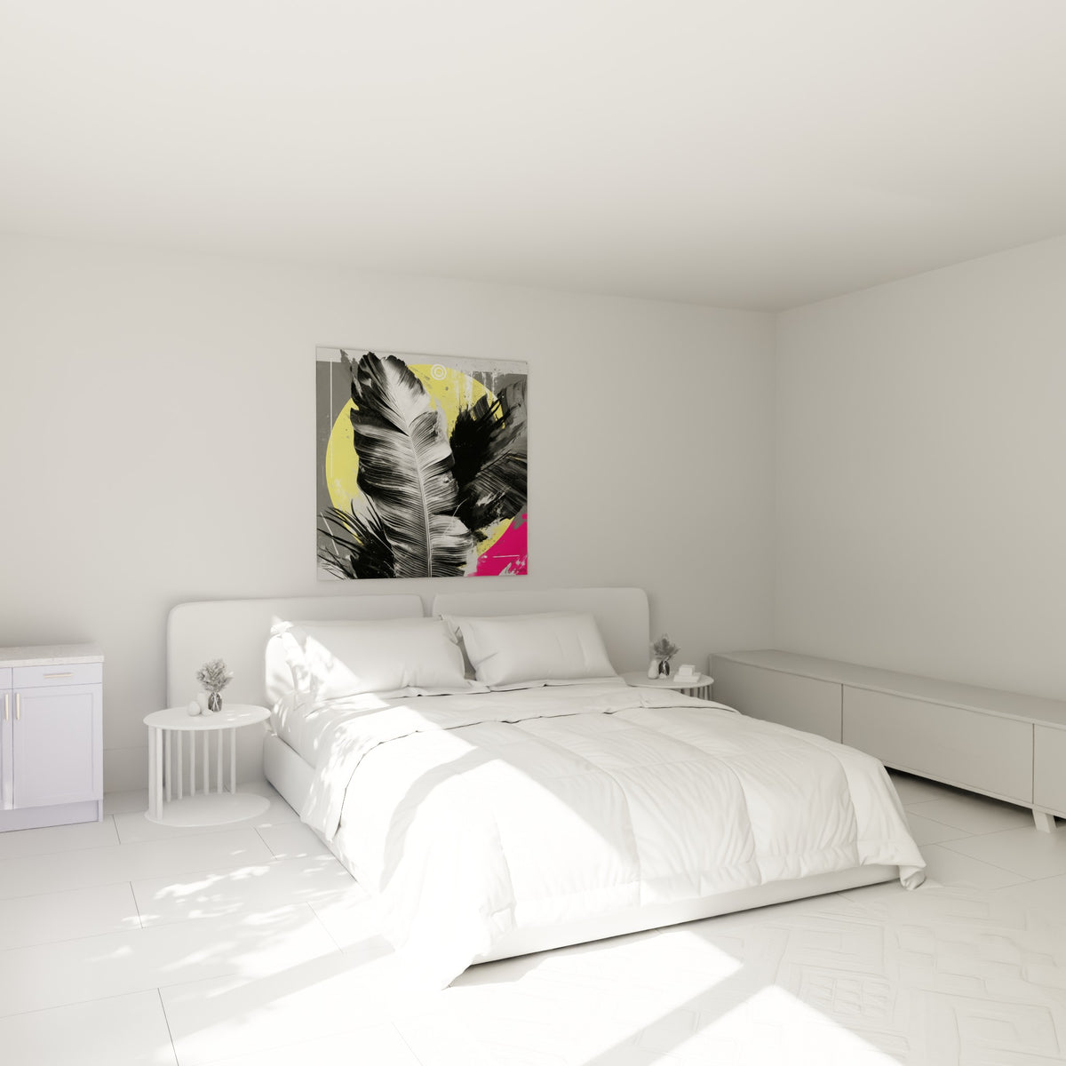 Nervures sculptées en noir et gris de la feuille de bananier, accrochée au-dessus d'un lit dans une chambre claire