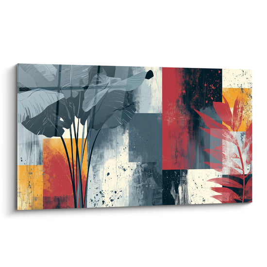 Feuille de bananier grise dessinée sur fond patchwork anthracite et rouge terracotta éclaboussé