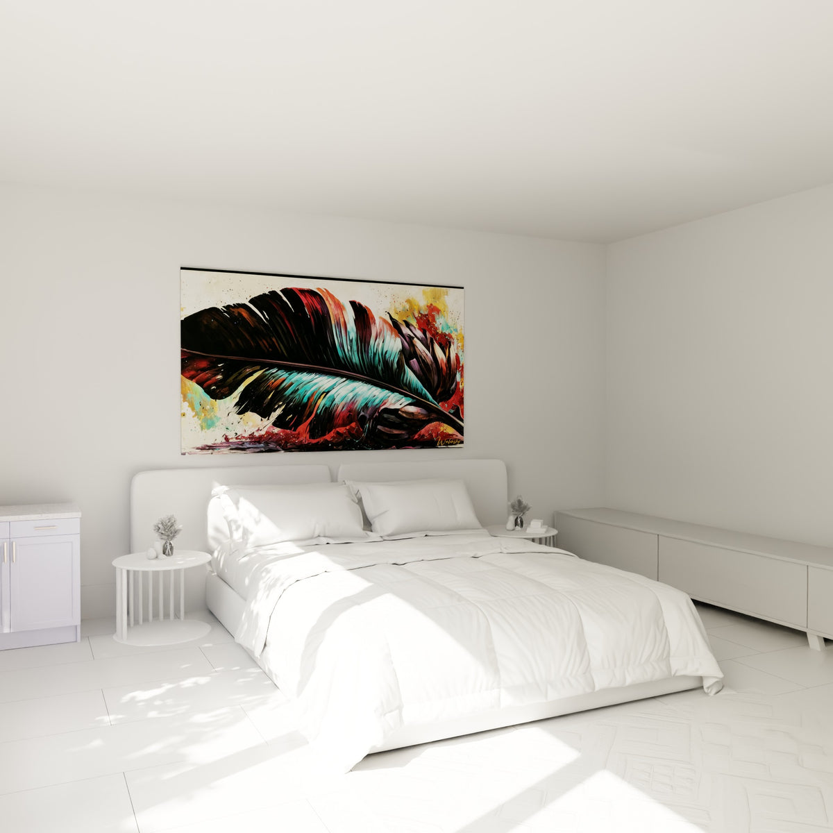 Nervures turquoise et rouge d'une feuille de bananier accrochée au-dessus d'un lit dans une chambre claire