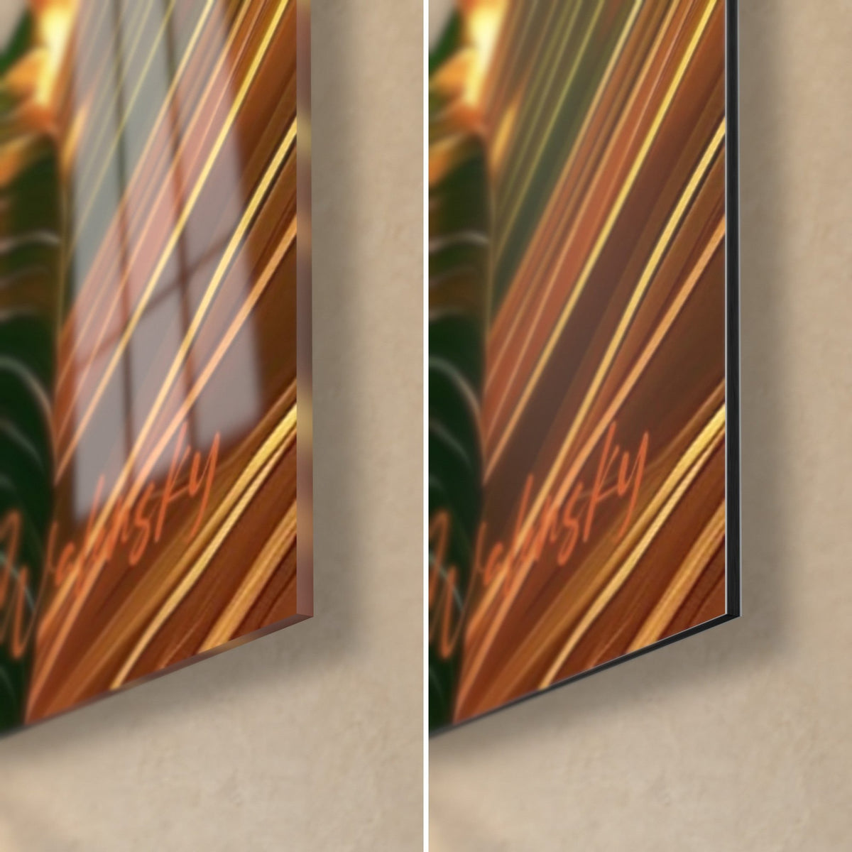 Wall art green palm leaf with golden veins, bottom right corner: glossy acrylic glass on the left, matte Dibond aluminum on the right, 3 mm edge