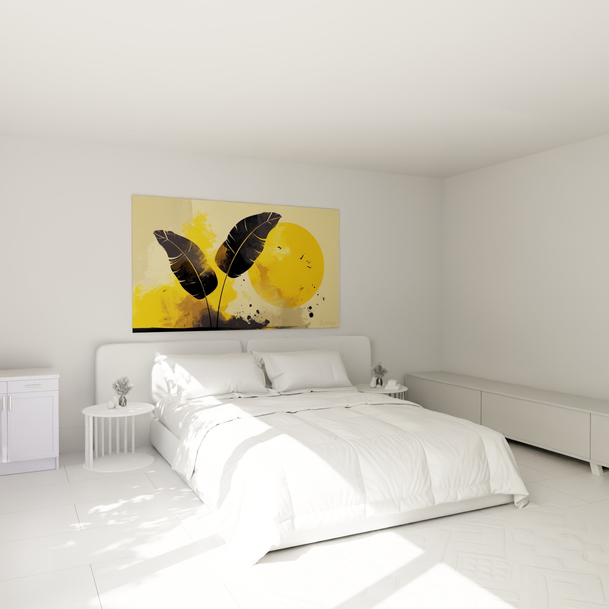 Silhouettes noires de feuille de bananier et disque doré placées au-dessus d'un lit dans une chambre claire