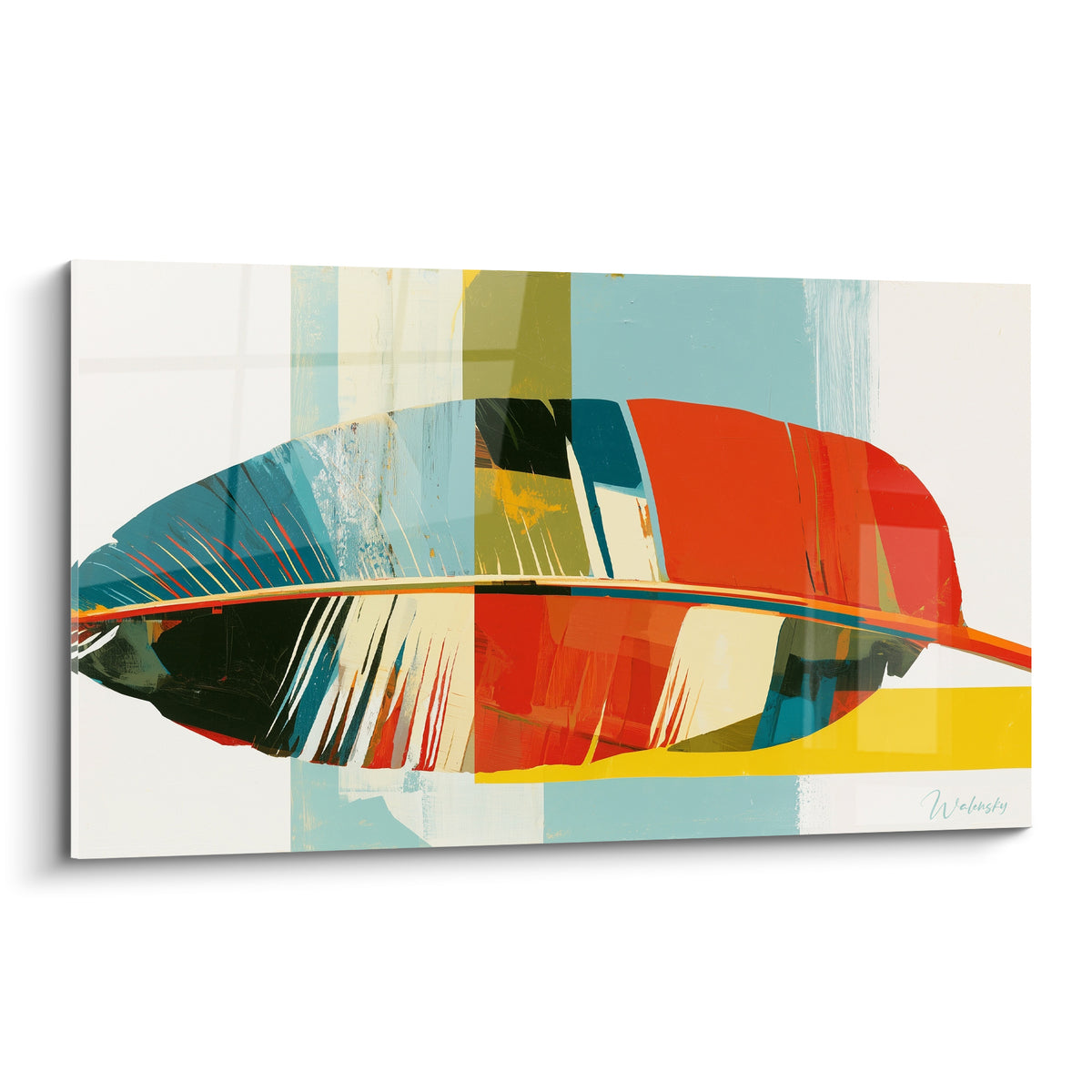 Feuille de bananier stylisée en aplats orange vif et bleu canard, nervure centrale lumineuse et fond en bandes crème