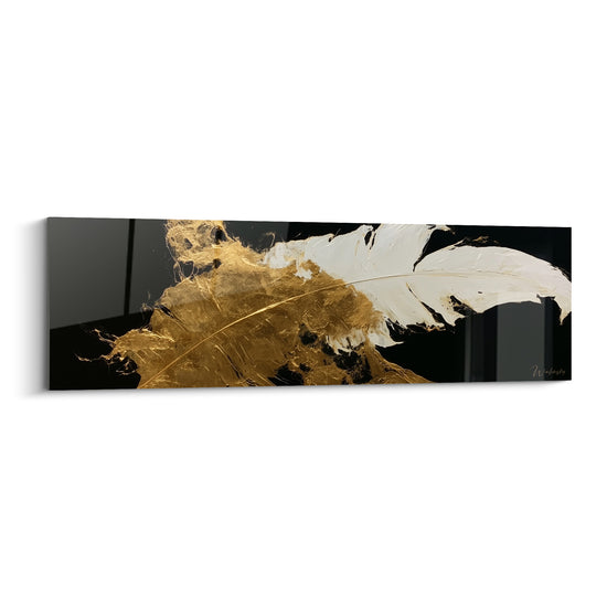 Tableau Plume dorée et blanche aux barbes effilochées - Fond noir profond - Edition Feuille de bananier