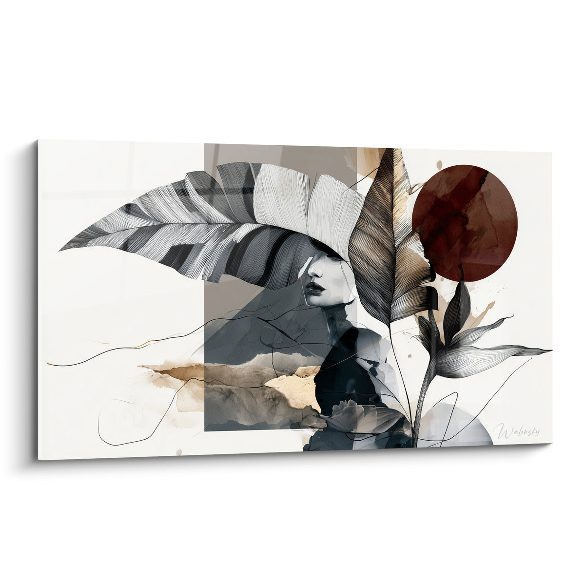Silhouette féminine dissimulée par des feuilles anthracite, cercle brique et fond beige délicat