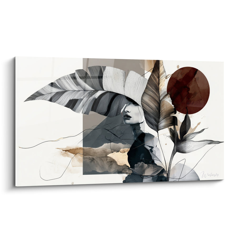 Tableau Portrait voilé de feuilles anthracite et brique - Silhouette dissimulée - Edition Feuille de bananier