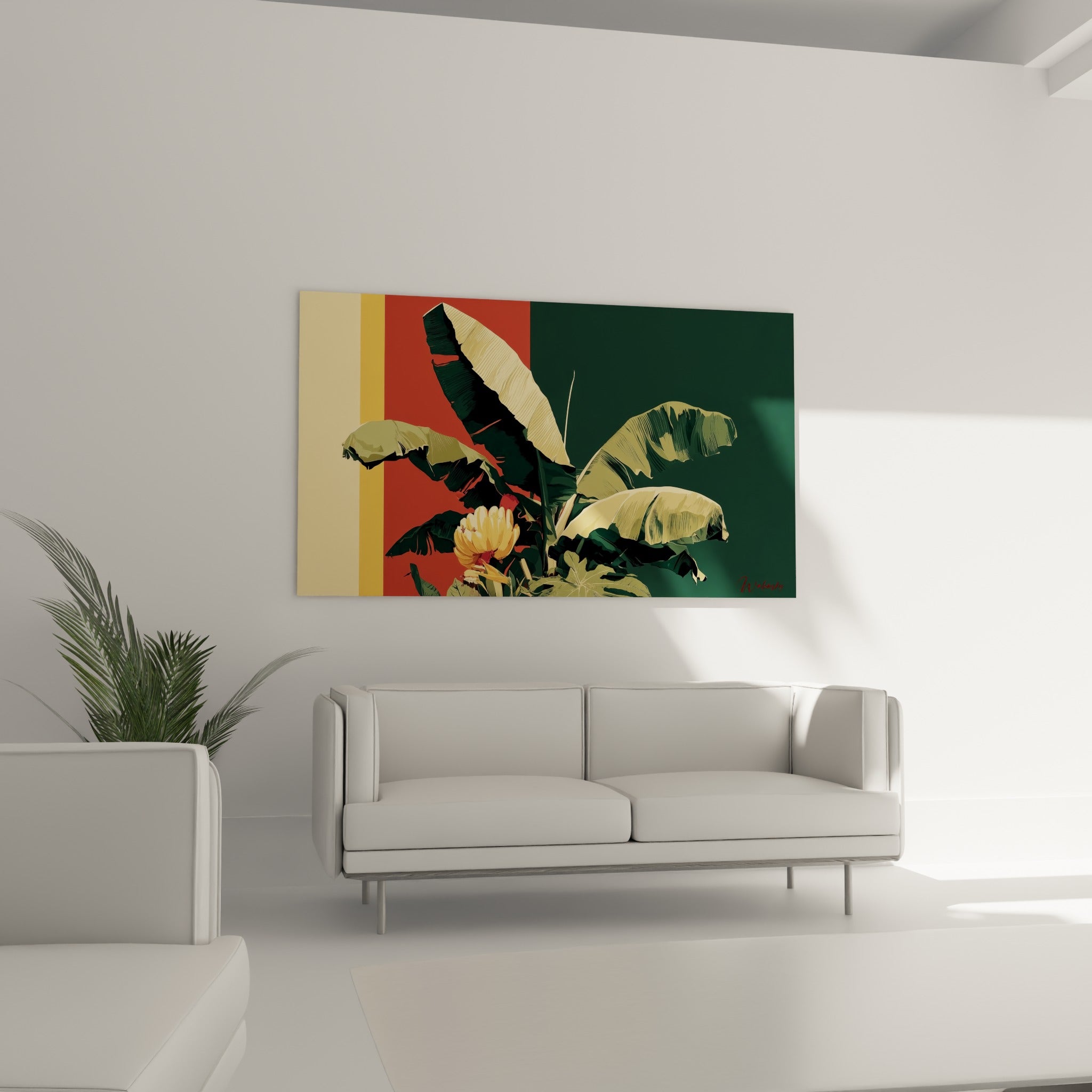 Régime de bananes doré niché sous des feuilles vertes, au-dessus d'un canapé dans un salon lumineux