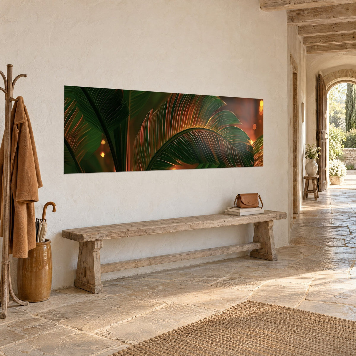 Wall art emerald tropical foliage streaked with gold lines, soft amber lights, three-quarter view in an entrance with pale stone